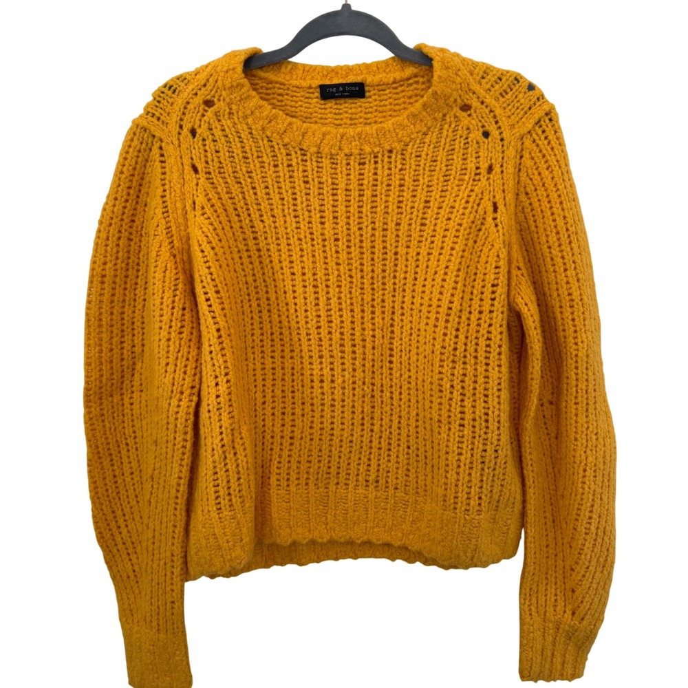 Rag & Bone Gold Arizona Merino Wool Crew Neck Sweater Chunky Knit Cropped Yellow